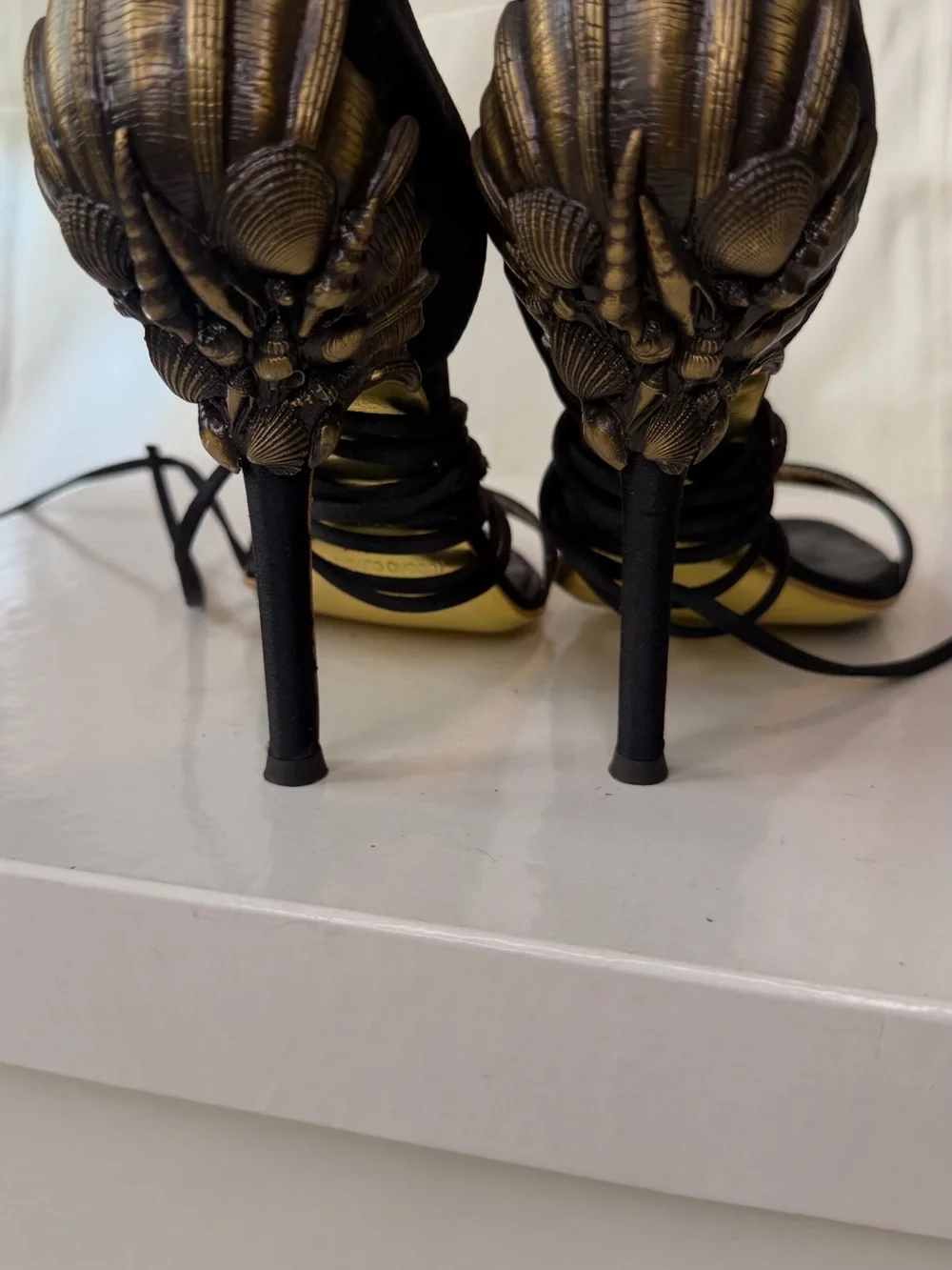Roberto Cavalli Black Lace-Up Stiletto Heels with Gold Accent